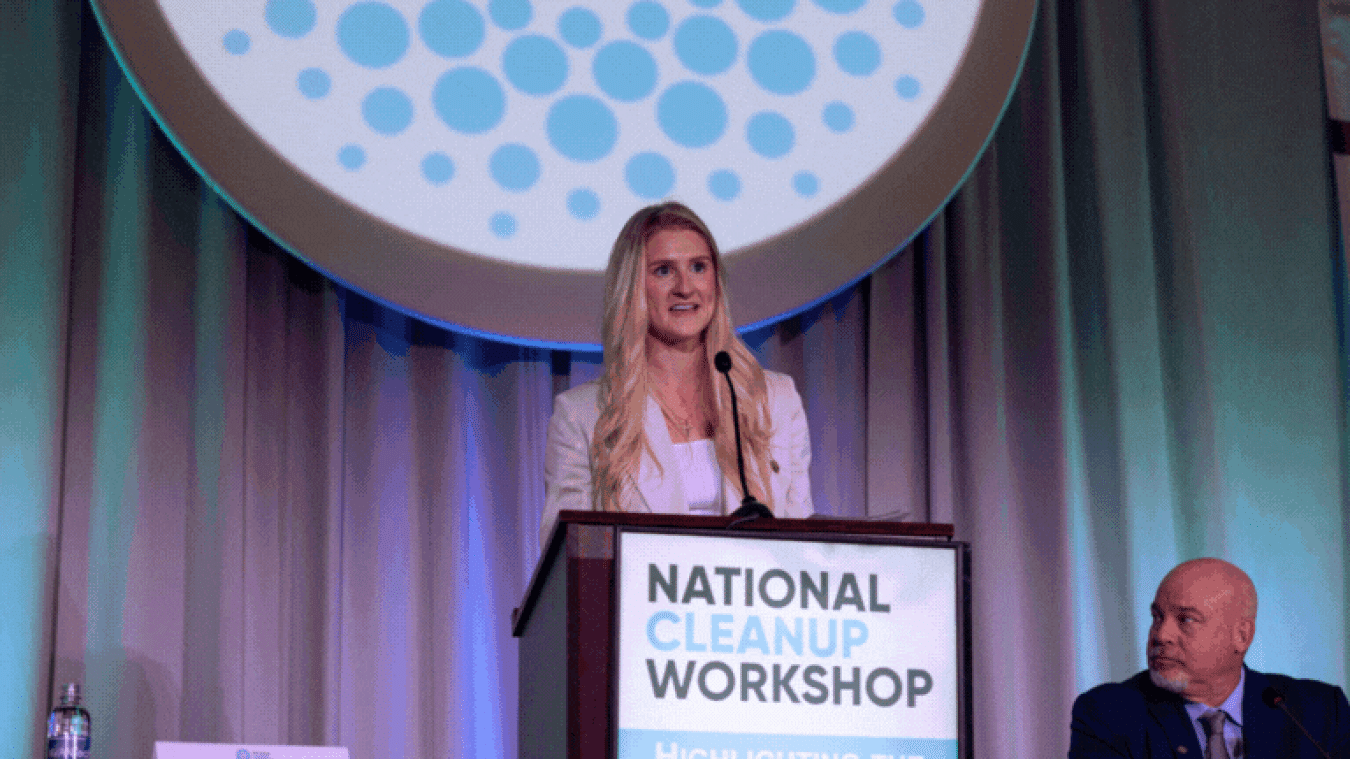 Rotating images of speakers at a podium at the National Cleanup Workshop