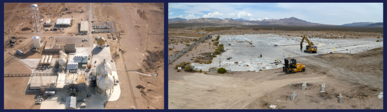Side by side of a before and after of a demolition at the Nevada Site