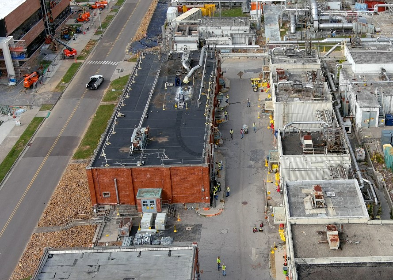 An aerial view of a row of buildings at the Oak Ridge Site