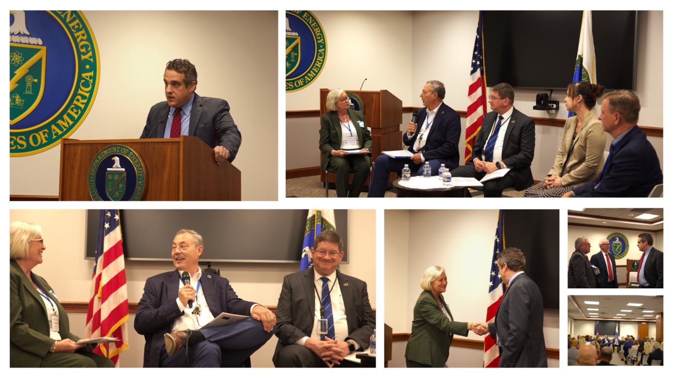 A collage of images of professionals taking part in a panel and giving speeches