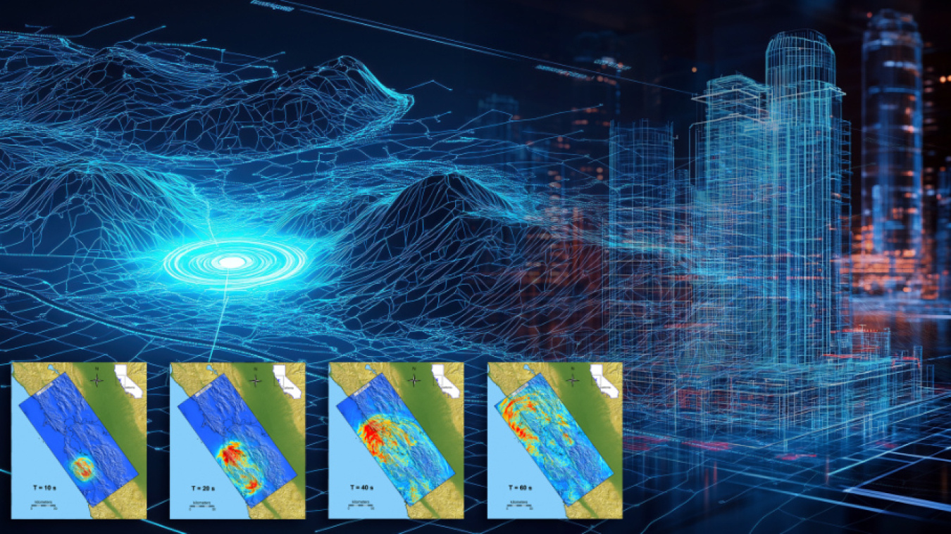 This illustration featuring earthquake simulation data from the San Francisco Bay Area shows how seismic energy is shaped and directed by local geology and how buildings and infrastructure respond to intense ground shaking. Credit: Jason Smith/ORNL, U.S. Dept of Energy.
