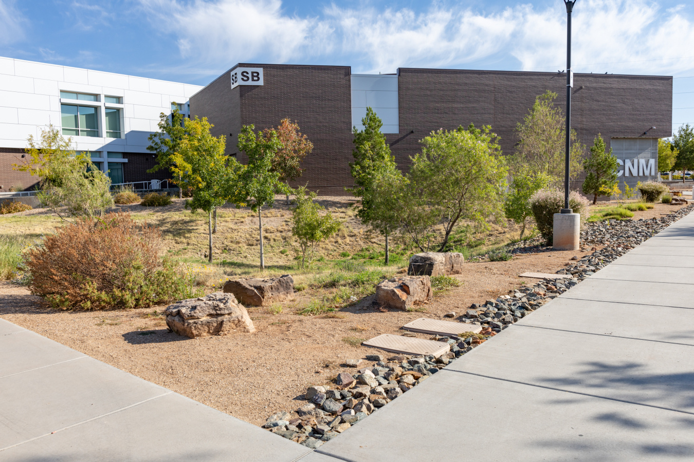 A large school building with trees and rocks in the foreground.