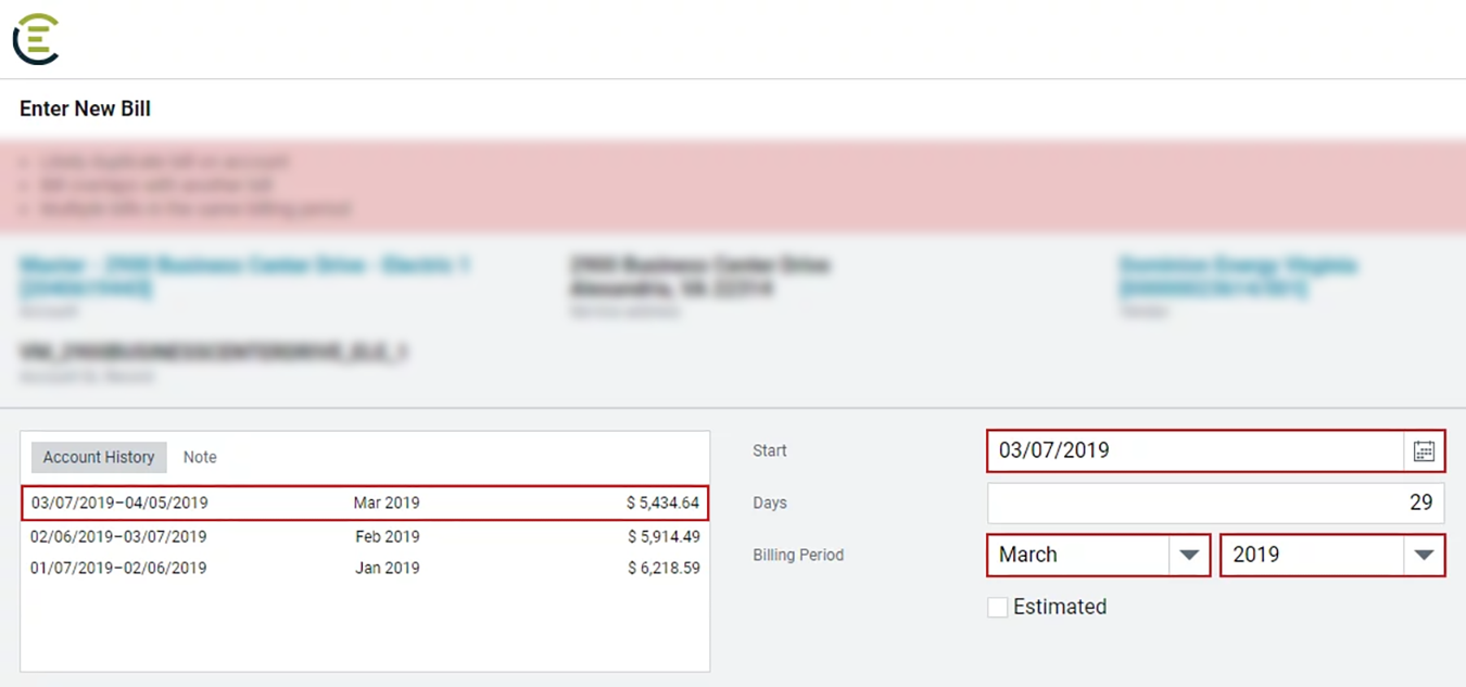 Screenshot of a billing error example from EnergyCAP