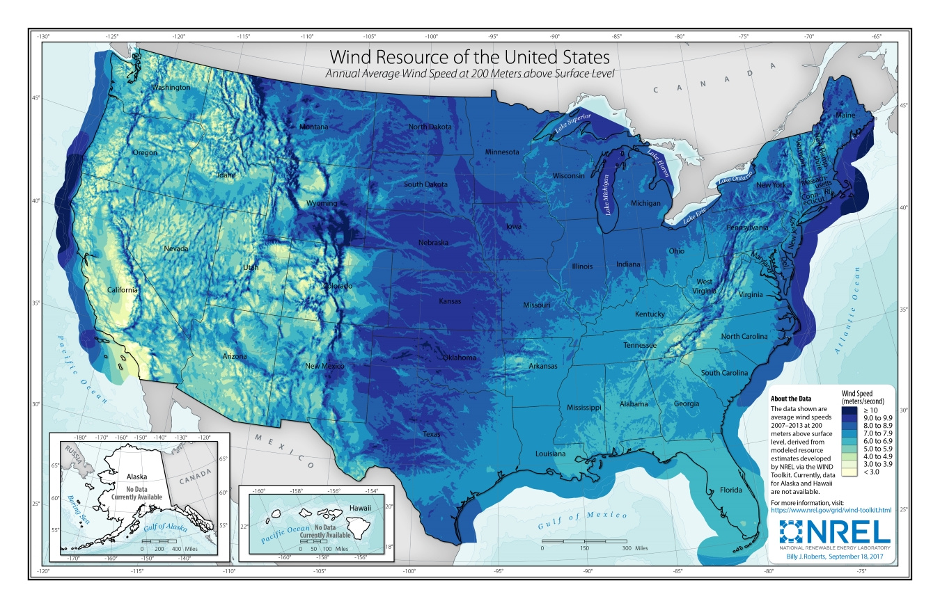 Wind Resource of the United States map: Annual Average Wind Speed at 200 Meters above Surface Level