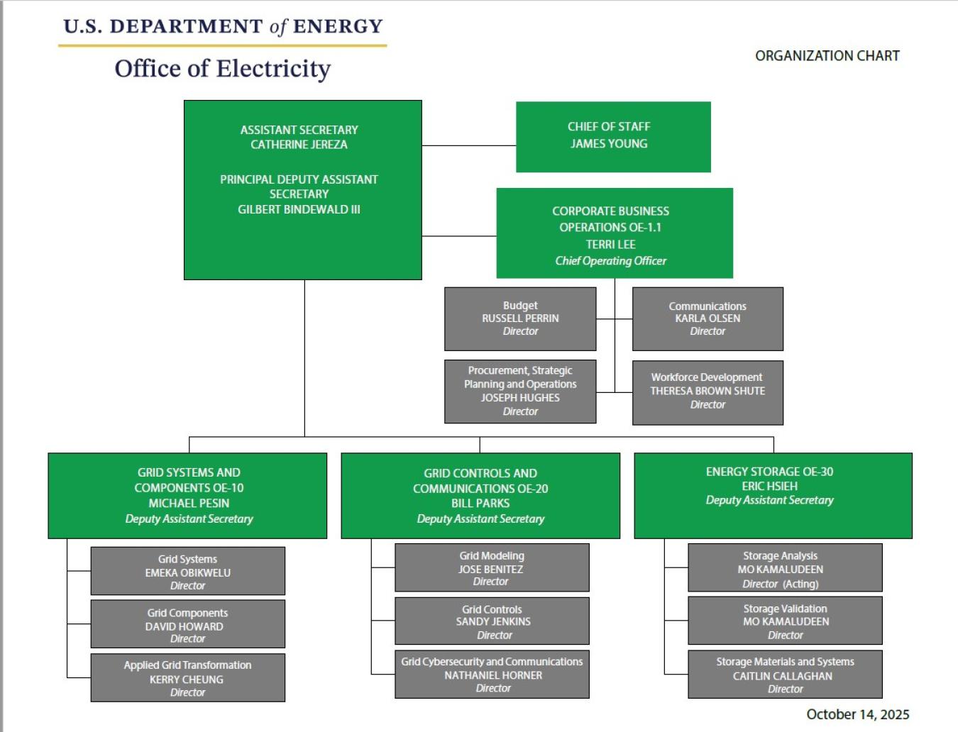 Office of Electricity organizational chart as of October 14, 2025