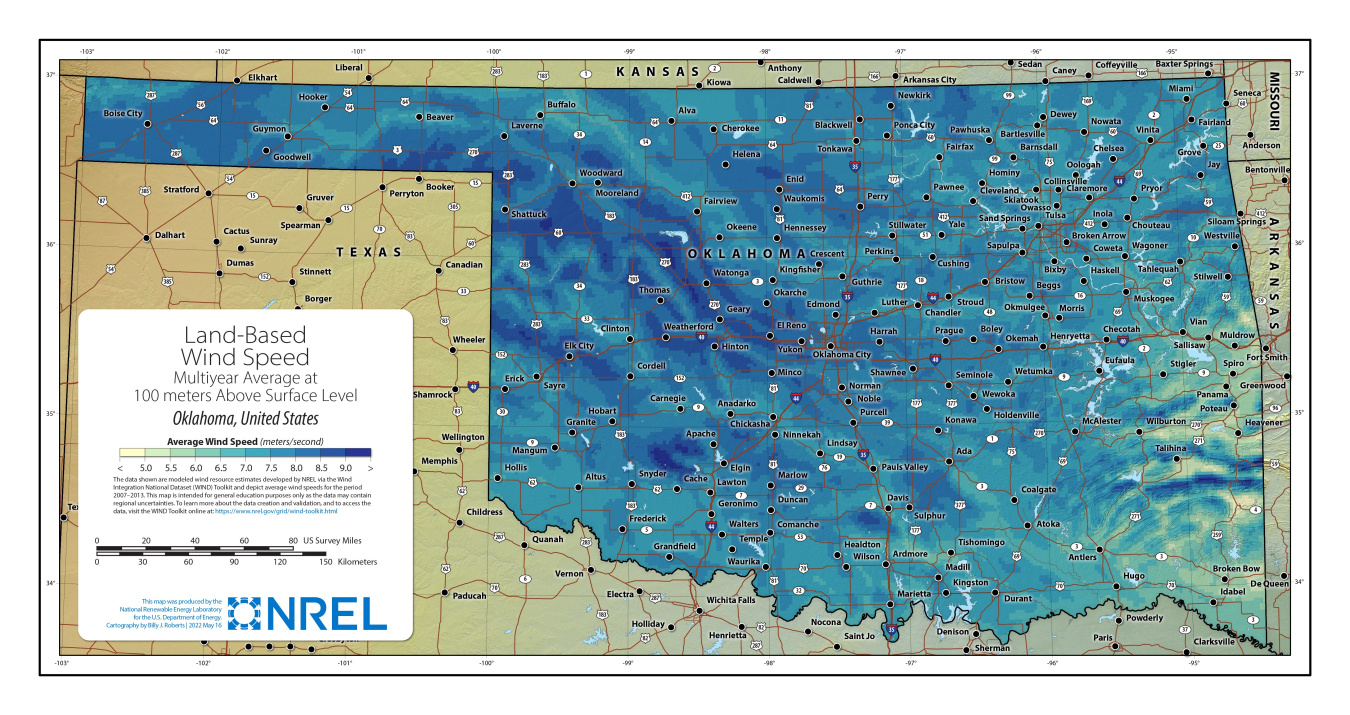 Oklahoma Land-Based Wind Speed at 100 Meters | Department of Energy
