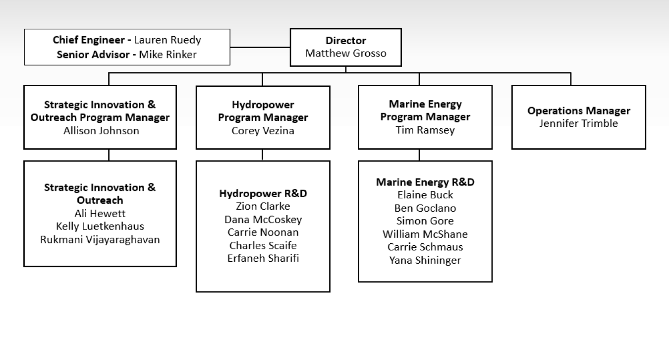 An organizational chart that shows the Water Power Technologies Office's federal employees
