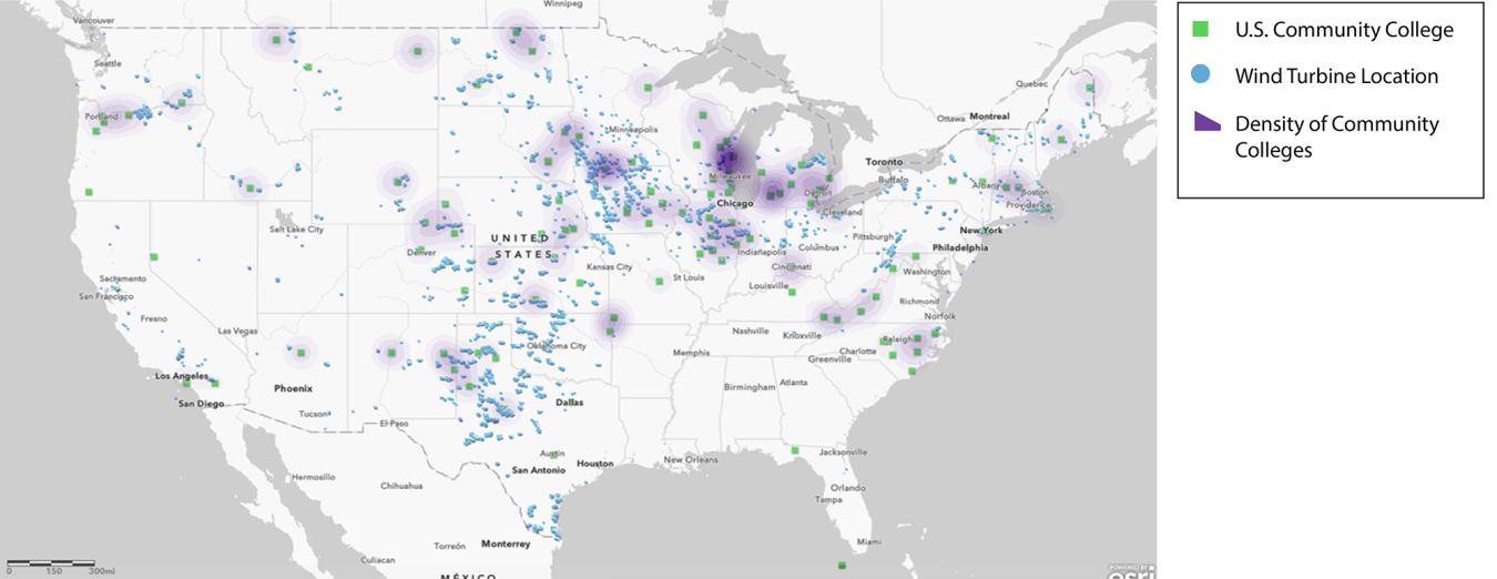Map of U.S. college programs with wind or renewable energy curriculum as of 2020