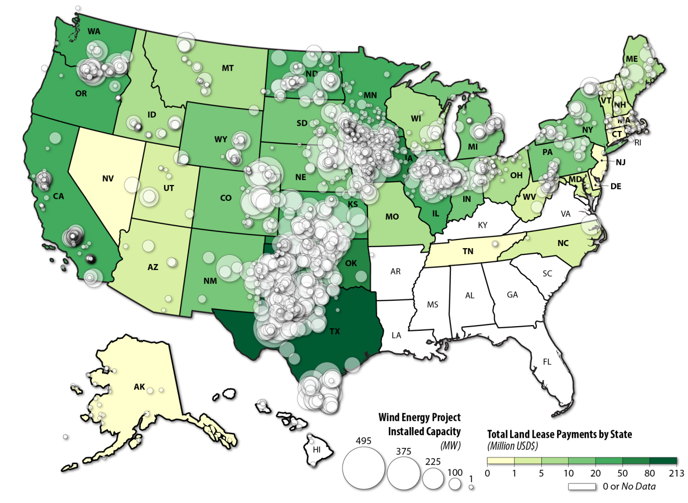 Map of installed U.S. wind energy projects and their capacities overlain on states' total reoccurring long-term revenue for 2019