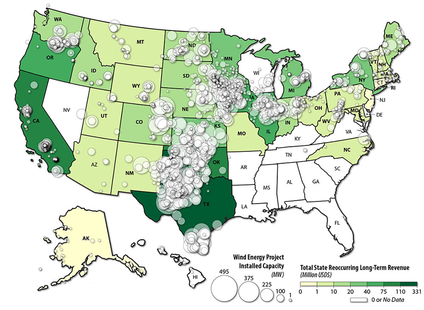 Map of installed U.S. wind energy projects and their capacities overlain on states' total reoccurring long-term revenue for 2019