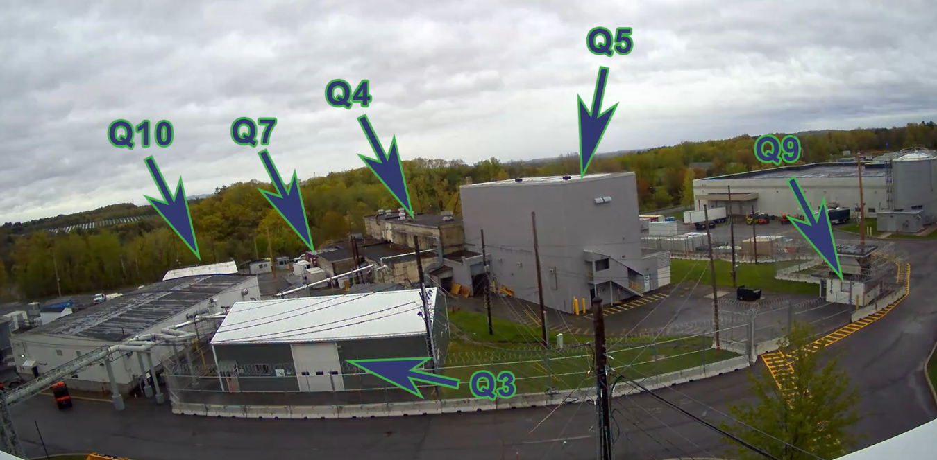 Buildings with arrows pointing to them to mark demolition