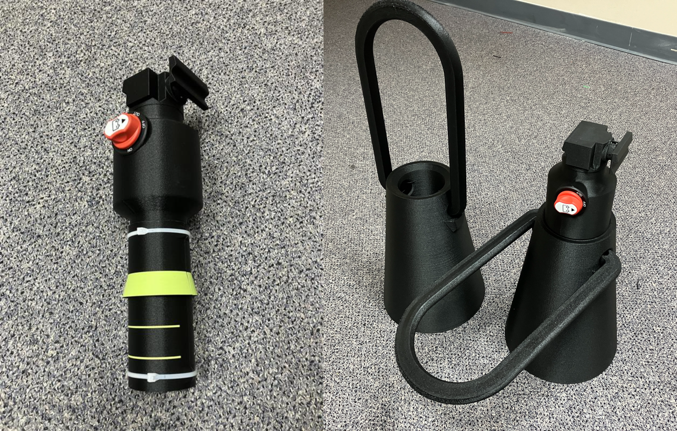 Side by side images of a black red and yellow centrifugal sampler