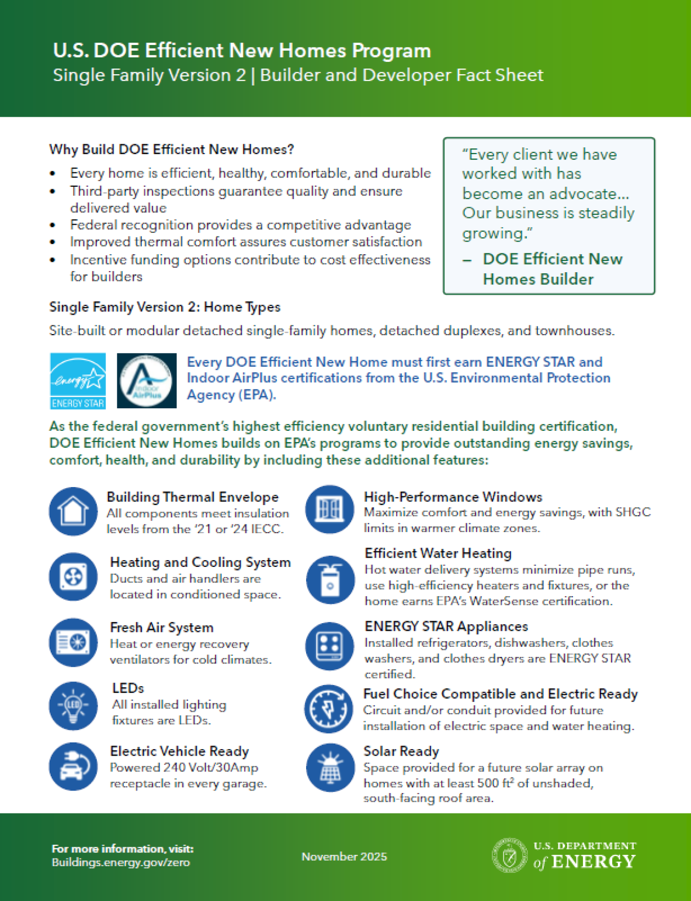 DOE Efficient New Homes Single Family Fact Sheet