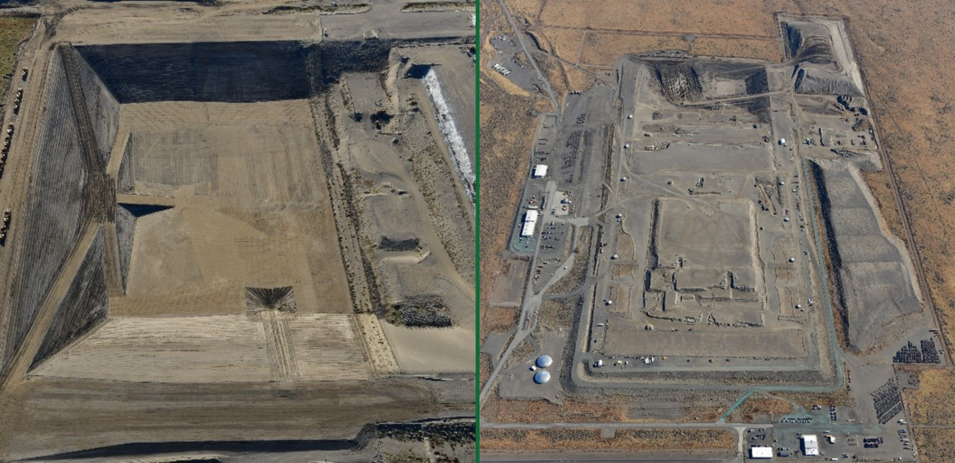 Side by side collage of the before and after of excavation at a disposal facility at the Hanford Site