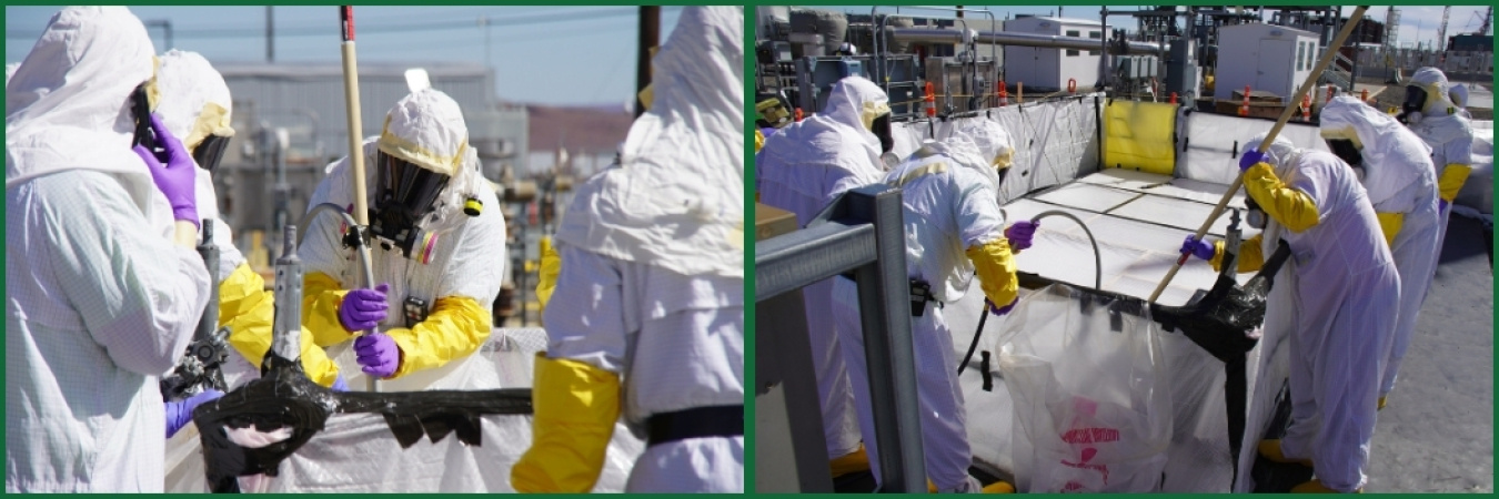A collage of images of employees in white hazmat suits performing work at the Hanford Site