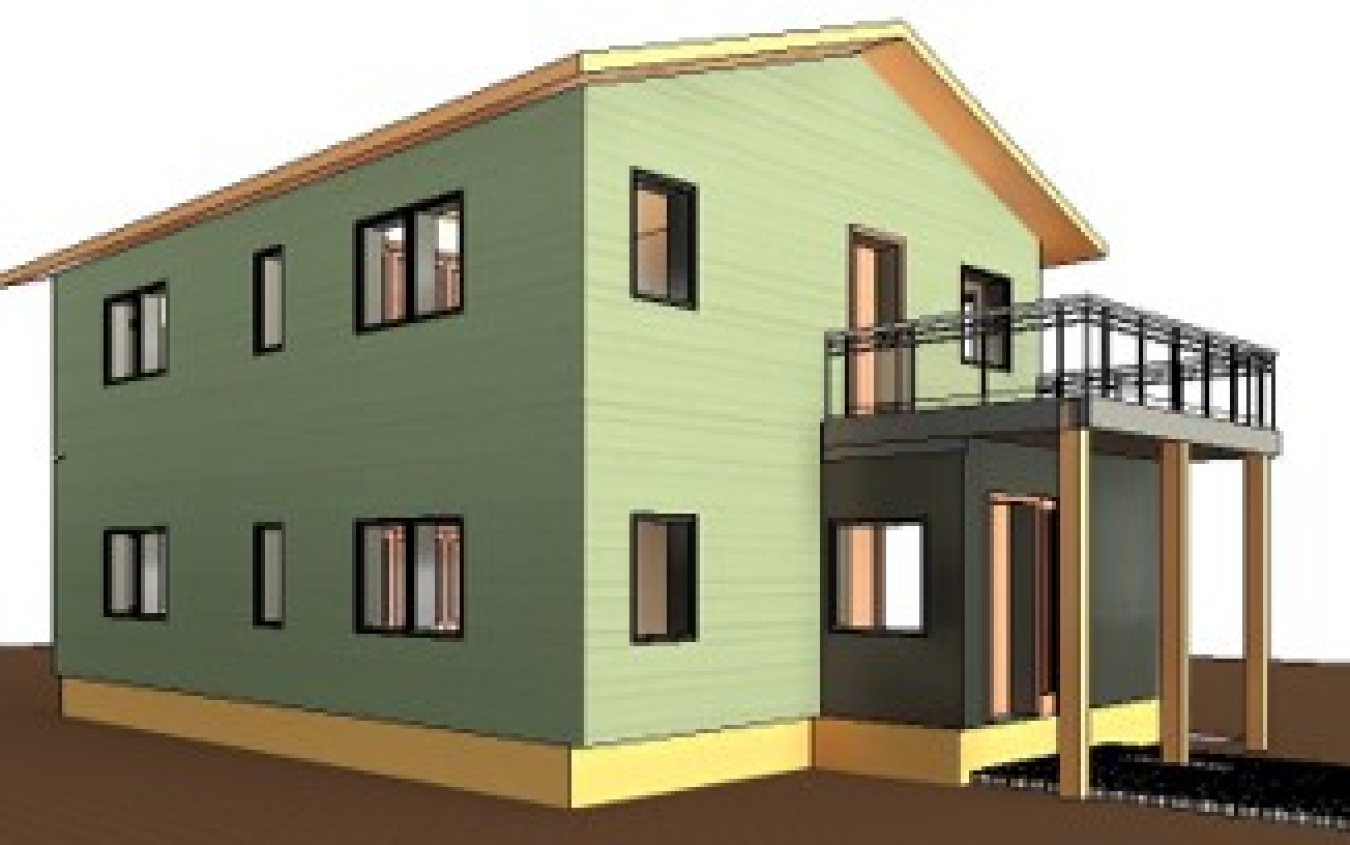 Drawing of a two-level house with a walk-out deck on the upper level.