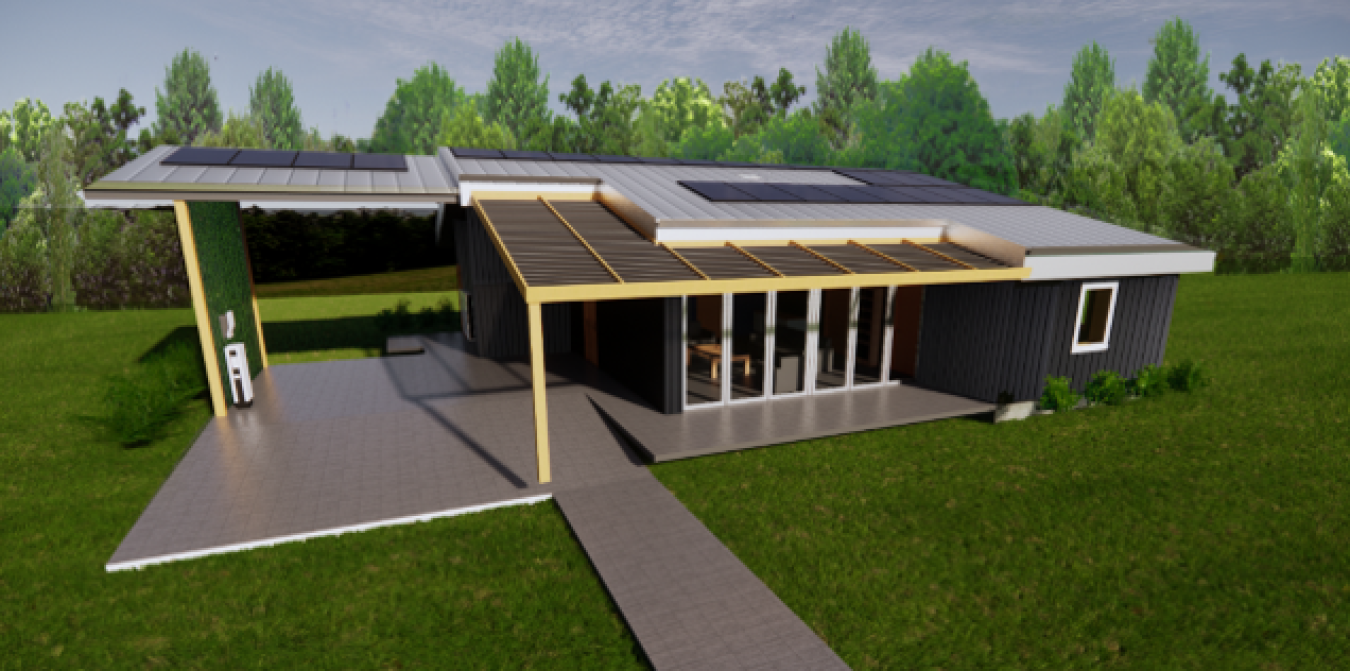 Architectural drawing of the team's house showing modern design and a car port off to the side.