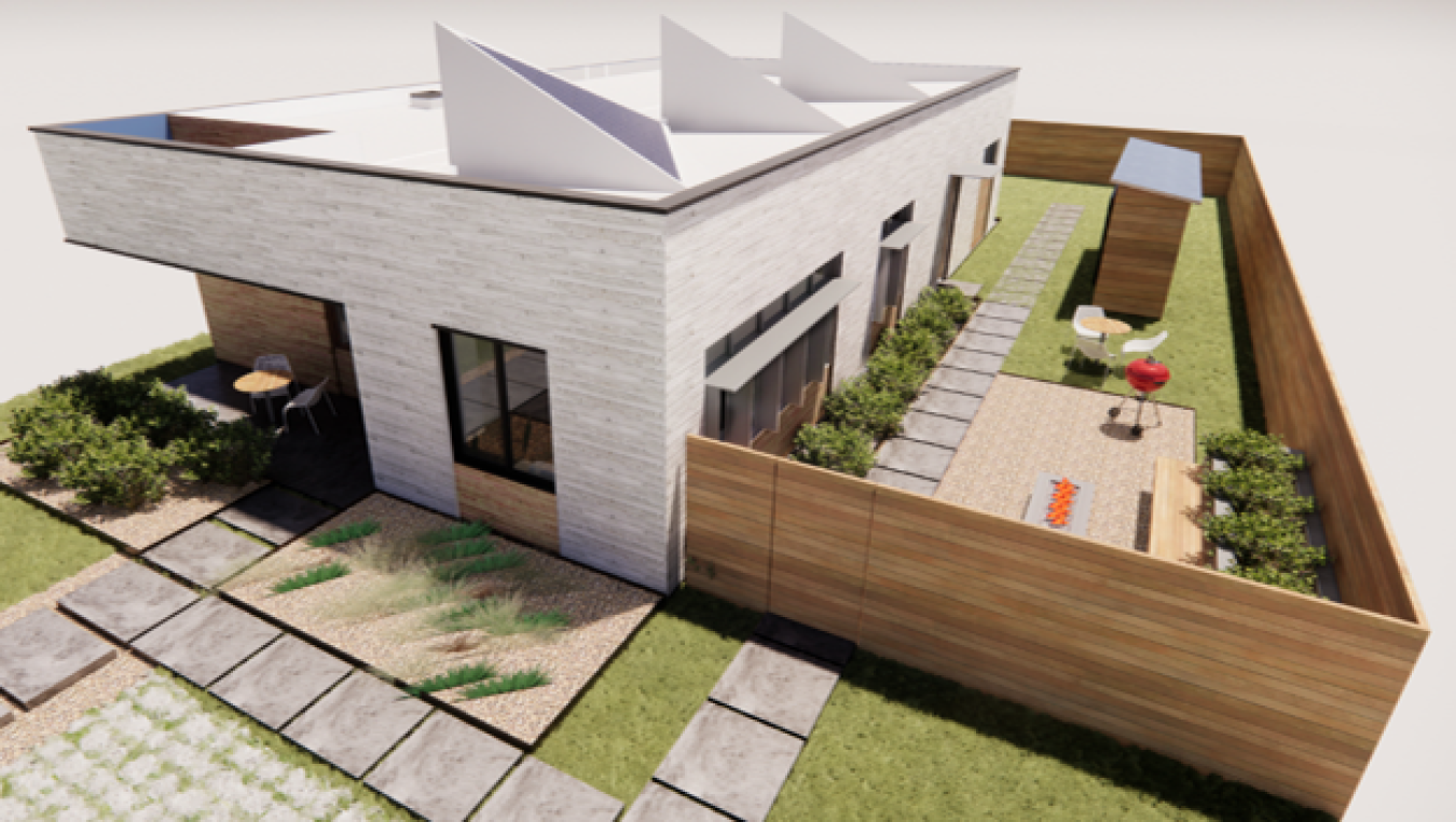 Architectural drawing of the team's house, with modern design and a fenced yard off to one side.