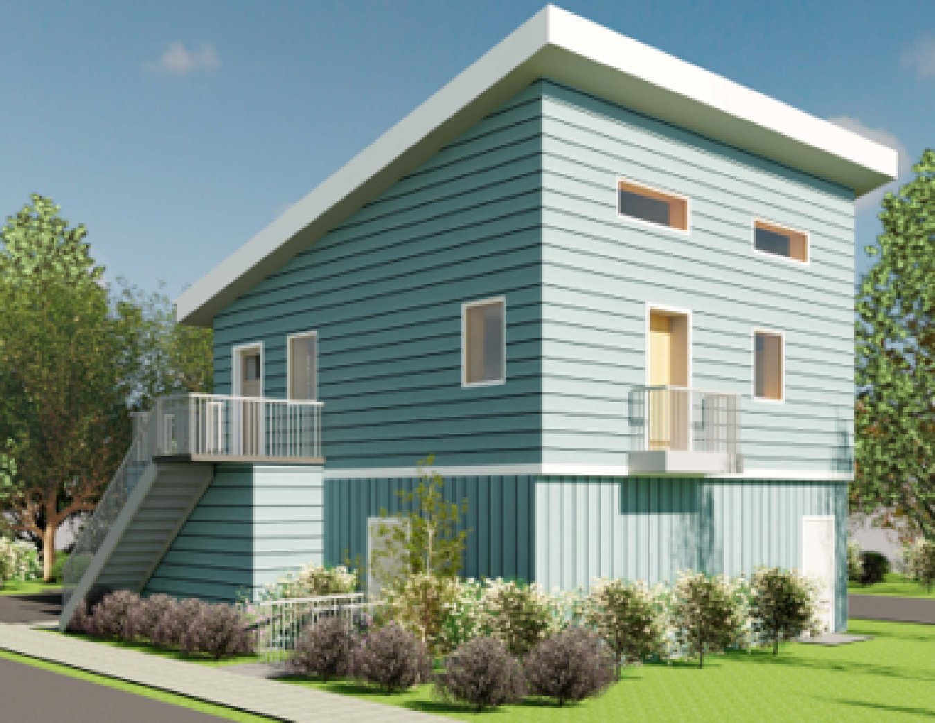 Architectural drawing of the team's house, showing two levels, a slanted roof, and a side entrance with steps leading down.