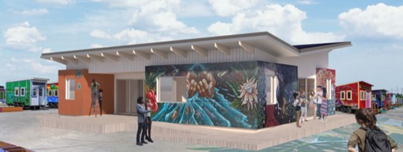 Architectural drawing of the team's house with people standing around it.