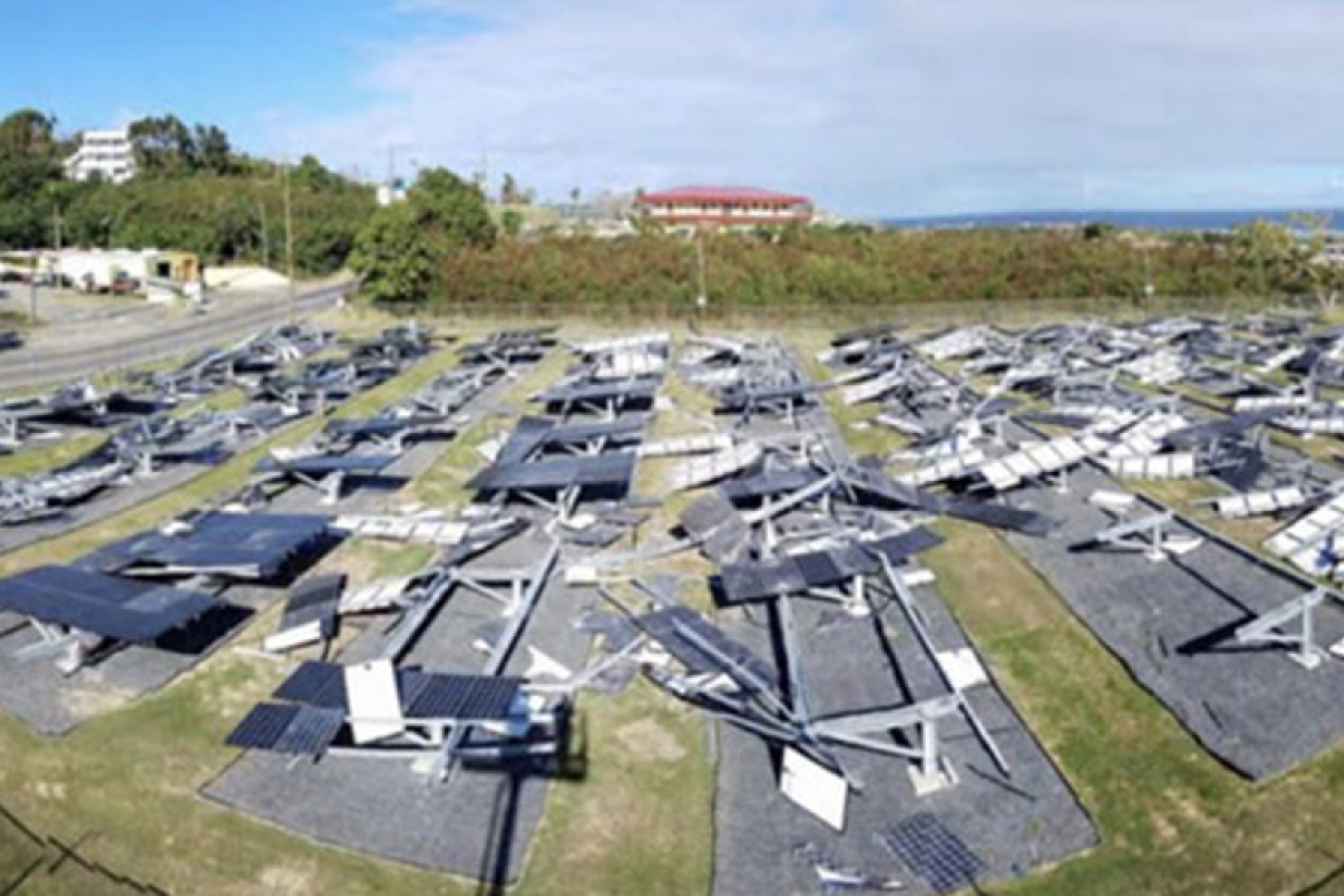 Solar panels damaged from a severe storm.