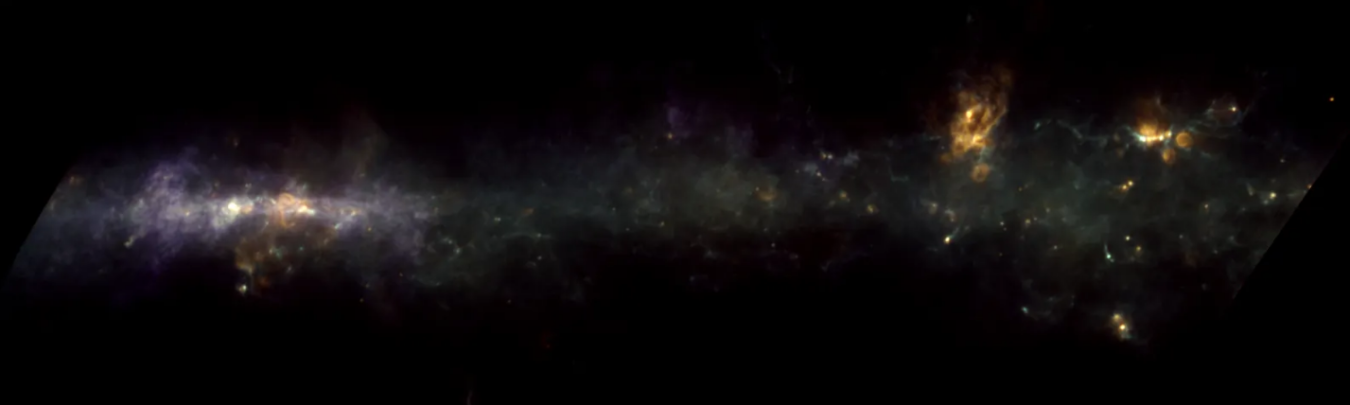 Astrophysical photo showing the Galactic Center with two bright yellow spots near the middle surrounded by softly glowing white gas