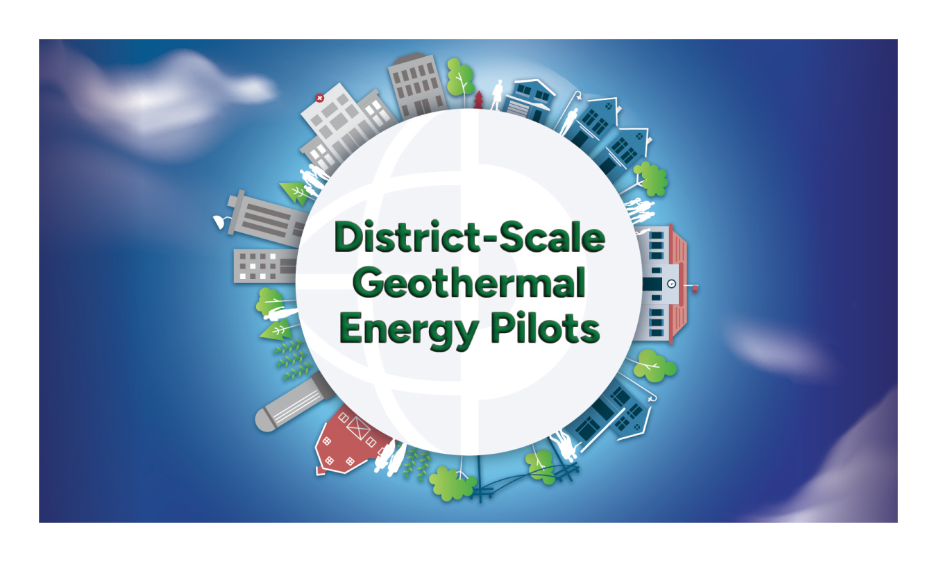 White circle with the words District-Scale Geothermal Energy Pilots on a blue background. Around the edge of the circle are illustrations of normal structures found in communities: homes, farms, trees, apartment buildings, municipal buildings, schools.