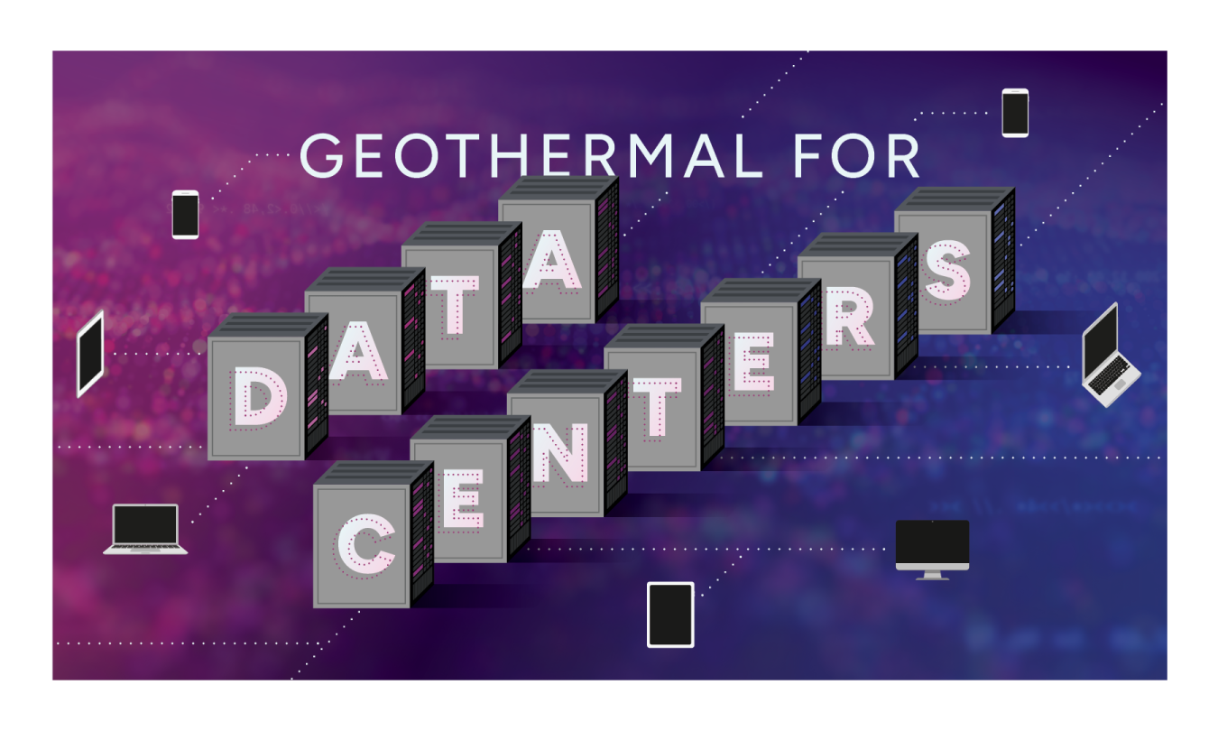 Geothermal for Data Centers | Illustration of several servers with a letter on the side spelling out "Data Centers" and dotted lines connecting the servers to various tools with screens around the edge of the illustration.