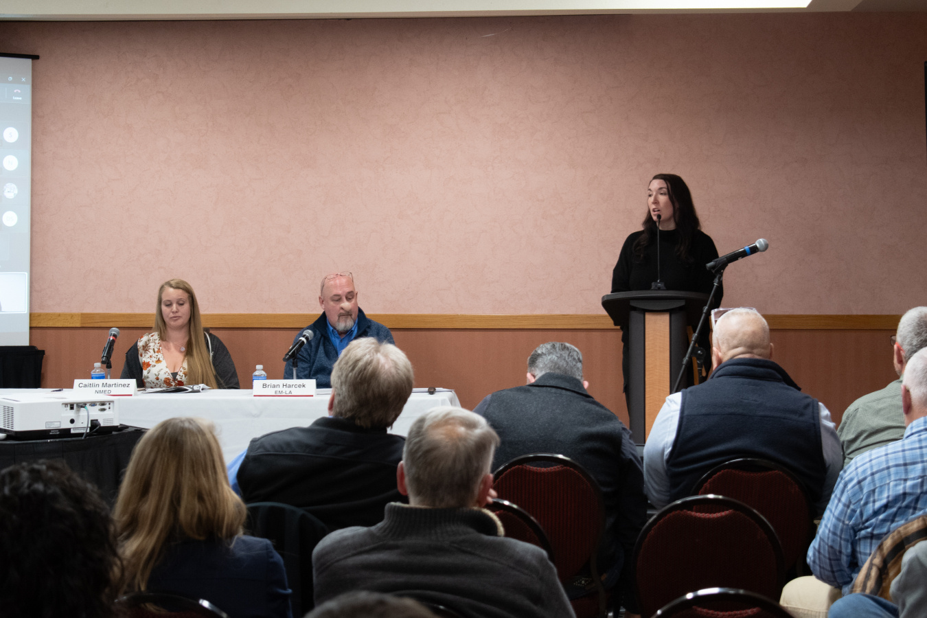 A woman standing behind a podium speaking to a room of people
