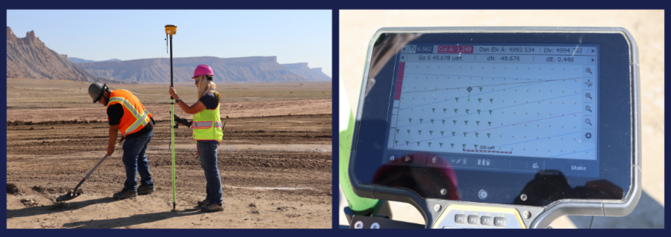 Two images side by side, one of employees taking samples and the other of a screen collecting data