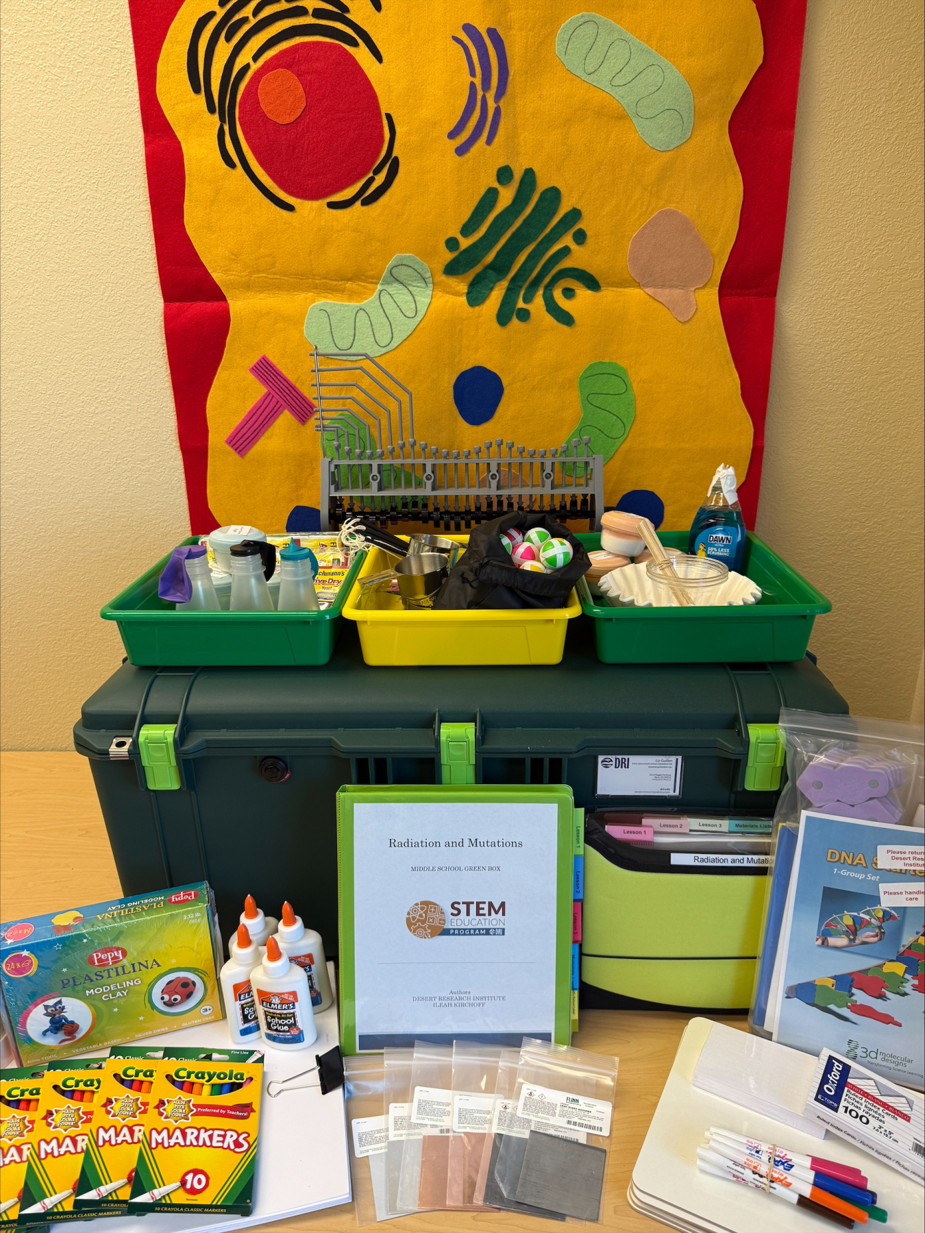 A table with school supplies and STEM activites