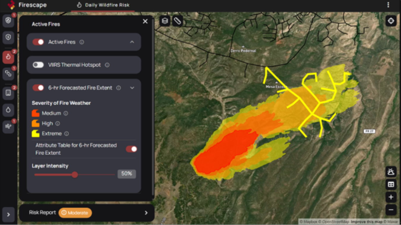Topography of a mountainous region with red, orange, and yellow shading and a data filter to identify severity of wildfire risk