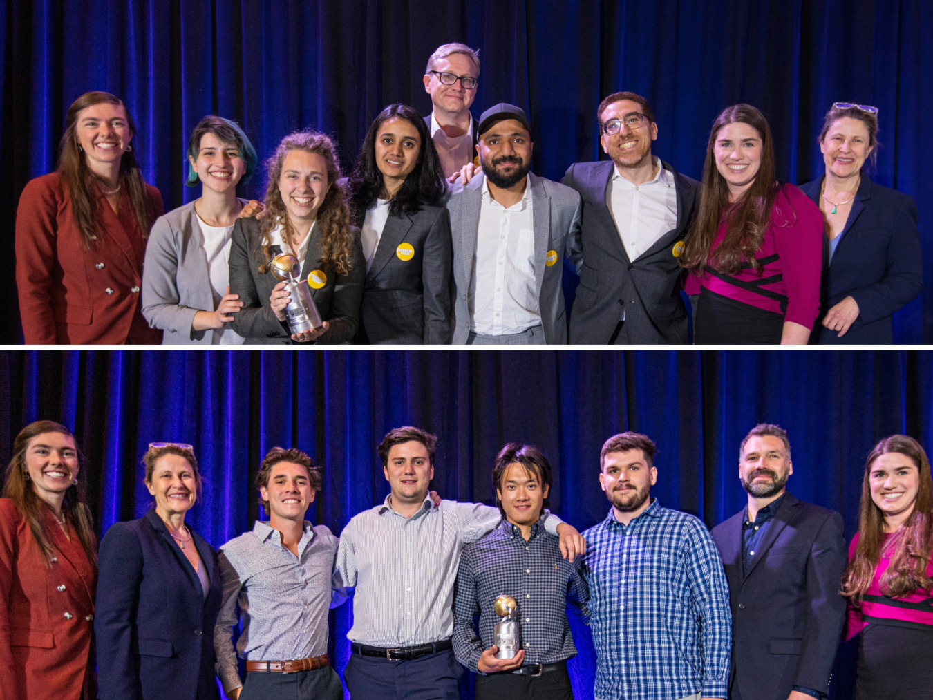 Two stacked photos of winning teams and organizers from the event, the first one with 9 people standing together facing the camera, and the second with 7.