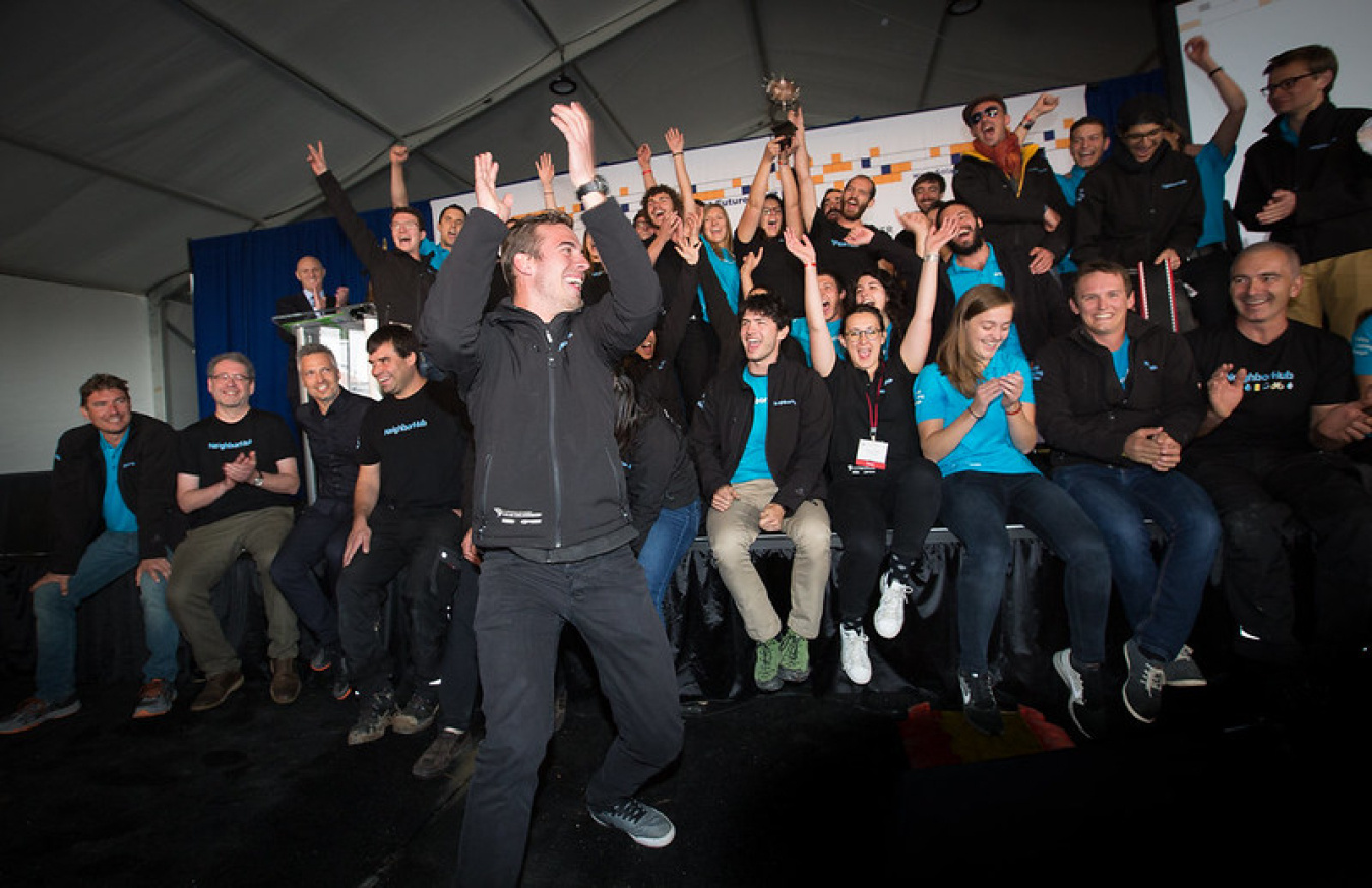 Swiss Team celebrates its first-place win overall at the 61st & Peña Station in Denver, Colorado on October 14, 2017