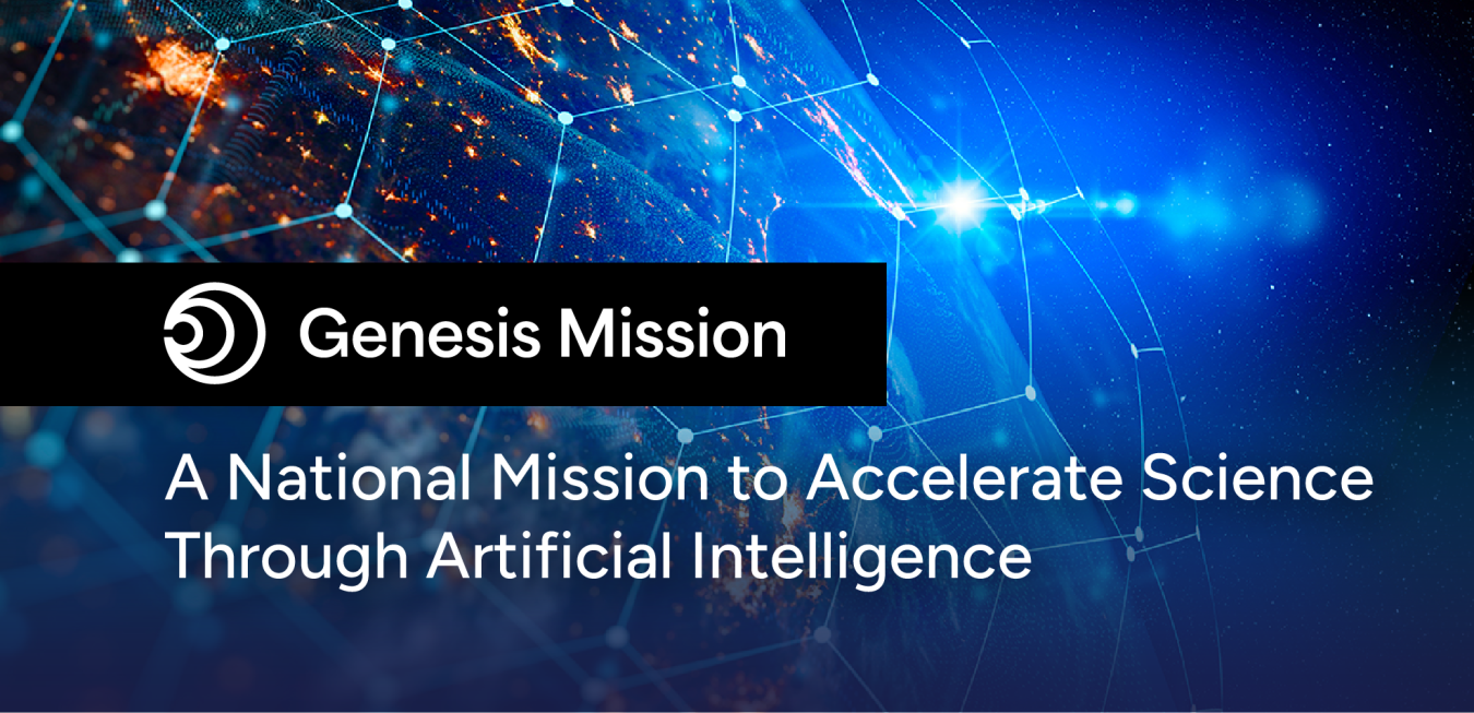Genesis mission: A National Mission to Accelerate Science Through Artificial Intelligence against a blue background