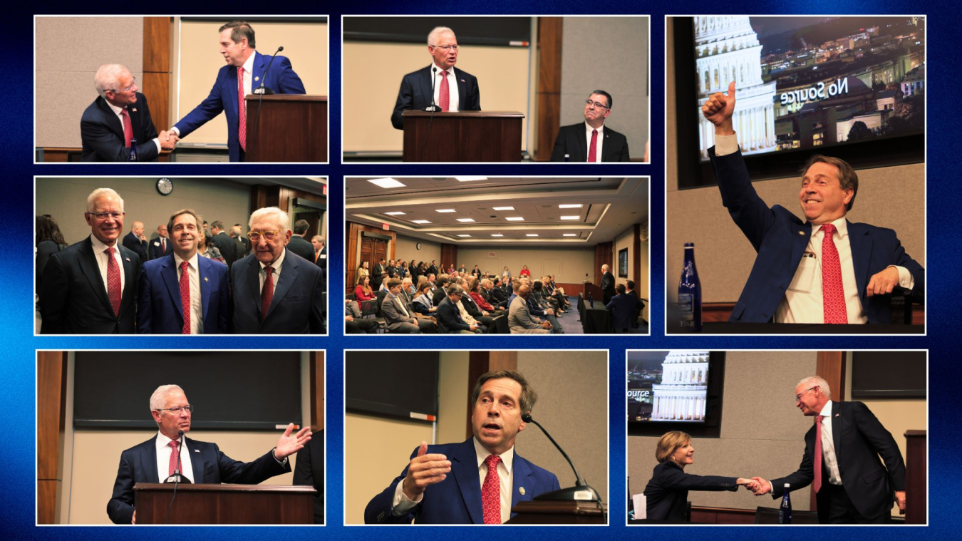 Collage of images of EM leadership and Congressional leaders at a caucus event
