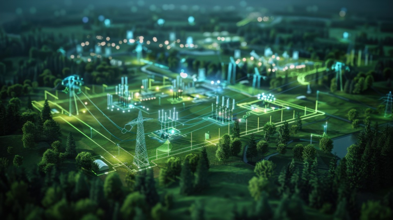 Graphic looking down on a model of a microgrid with transmission lines, as substation and industrial load. 