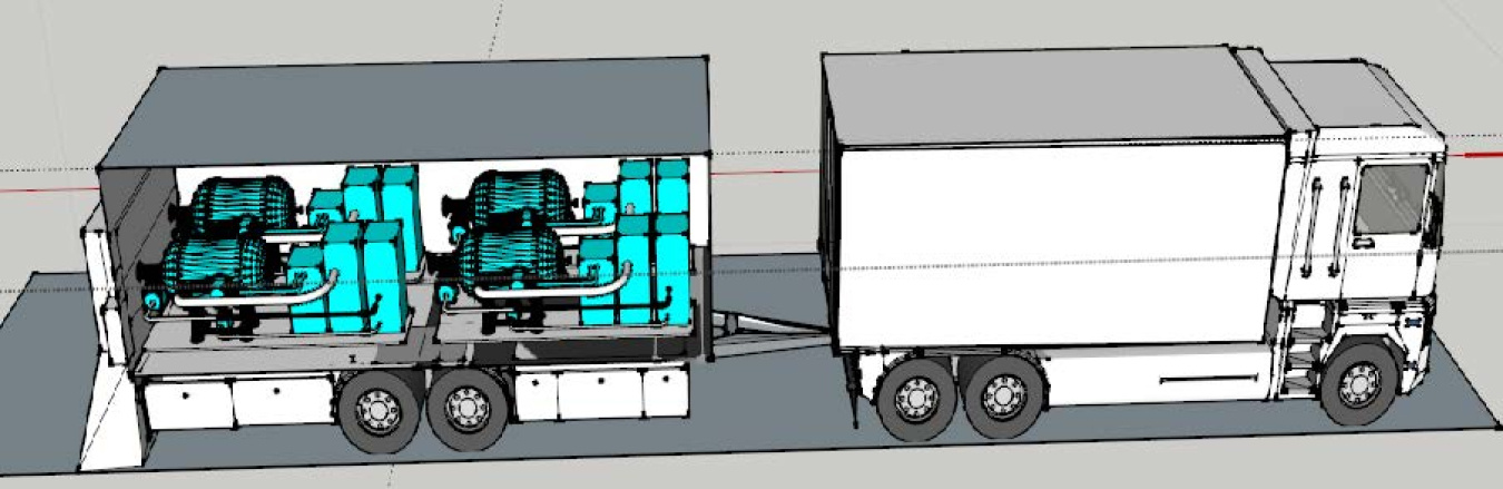 A drawing of a white truck pulling a trailer along a stretch of pavement. The side of the trailer is cut away to show four light blue particle accelerators, each consisting of a blue cylinder connected by tubes to three rectangular components.