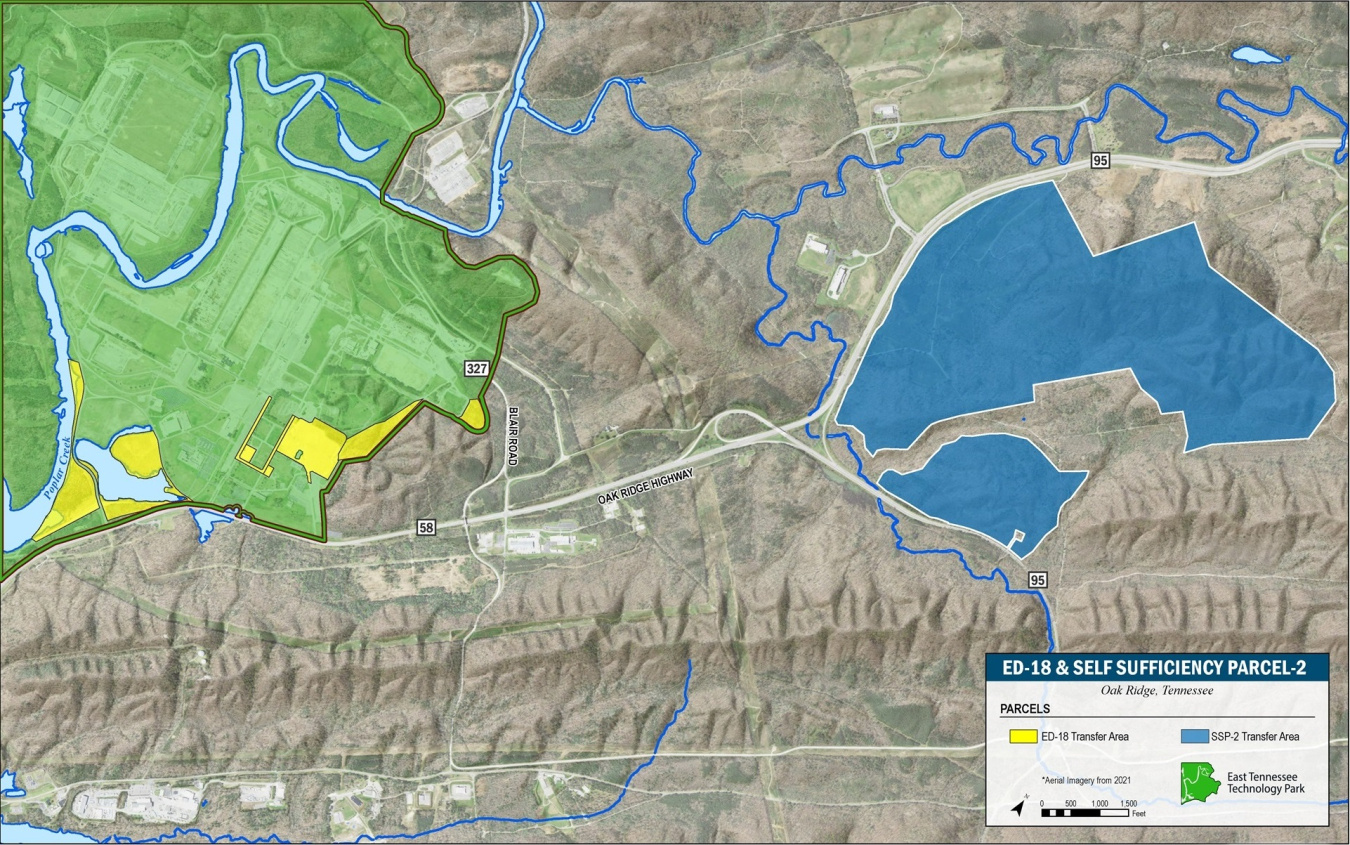 Aerial view of Oak Ridge site with a color code key for 700 transfer acres 