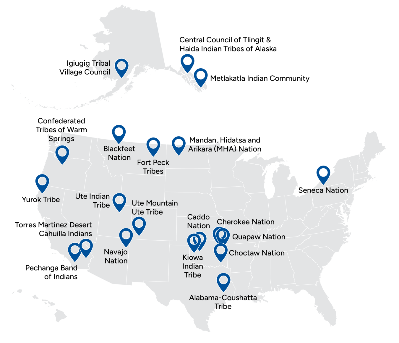 U.S. map with pins denoting tribes' locations