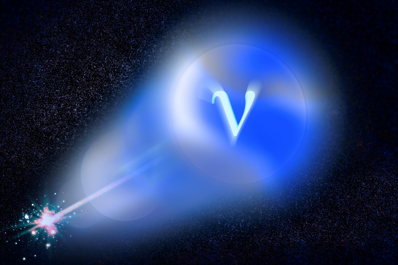 Artist impression of a trapped radioactive vapor decaying into a coherently-beamed stream of neutrinos (symbolized by v).
