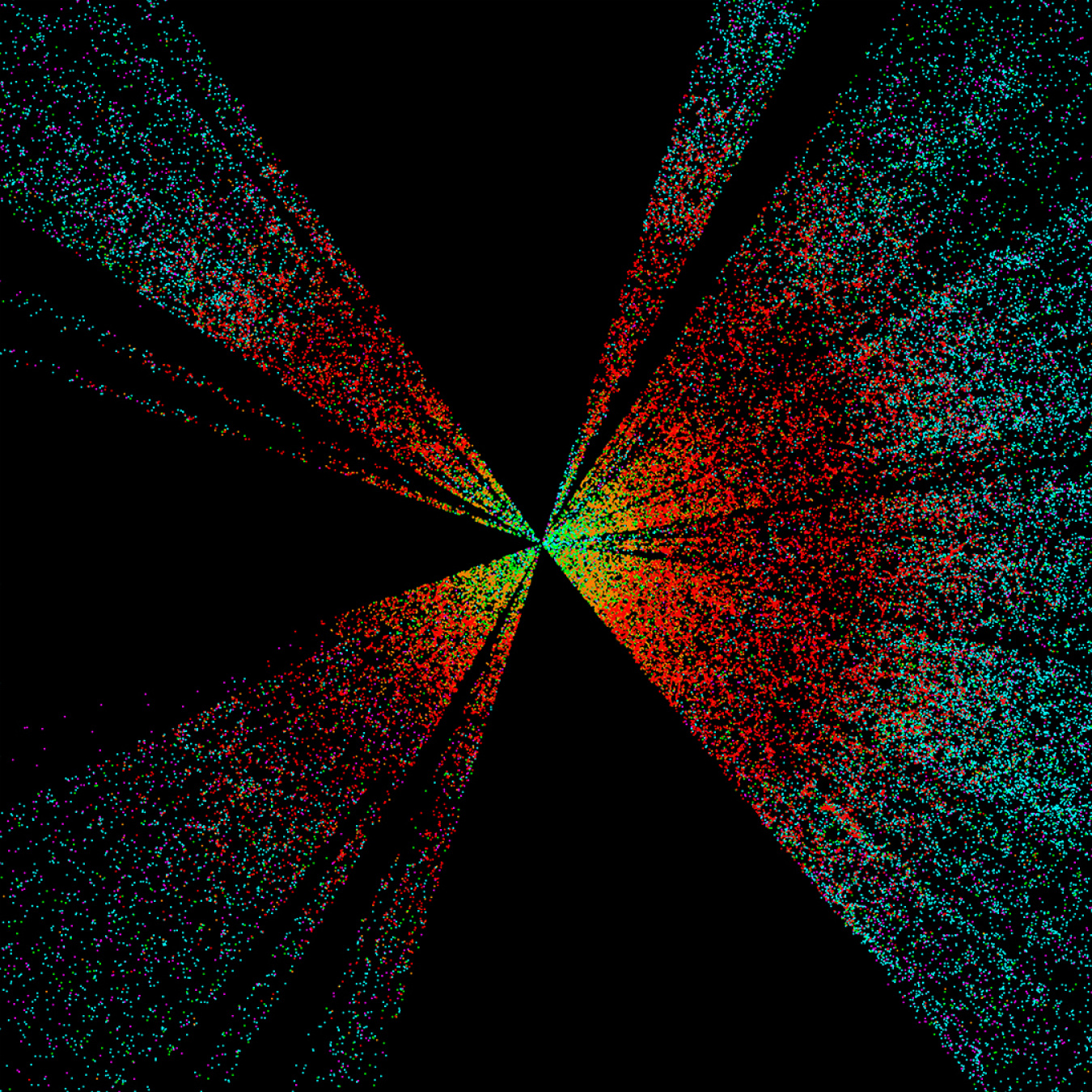 Against a black background, rays of different colors radiate out from a central point, with green the closest, then red, then blue.