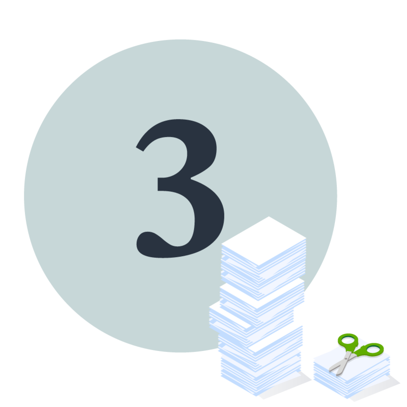 The number 3 and a stack of paper with scissors