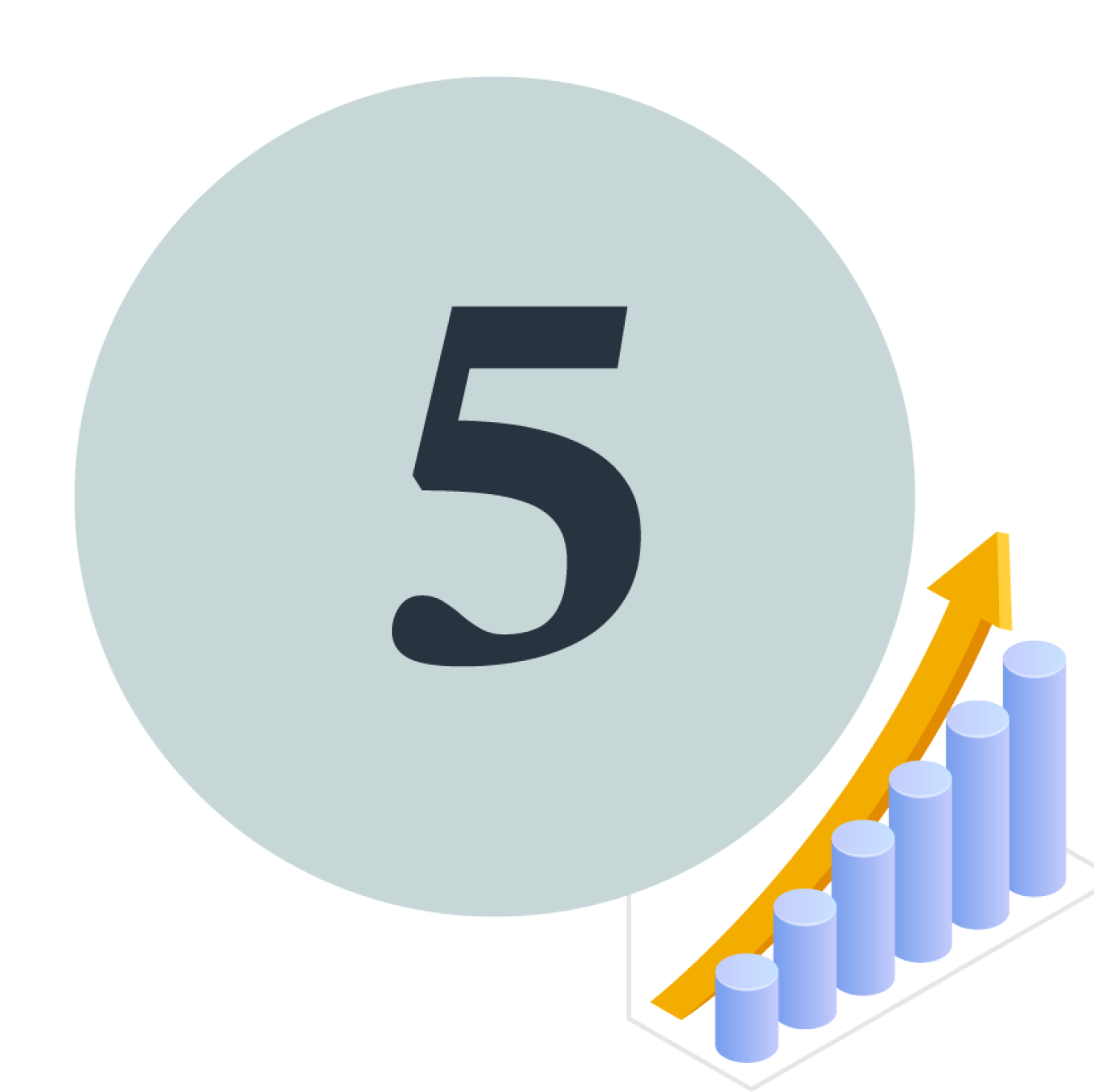 The number 5 and a bar graph with an arrow trending upward