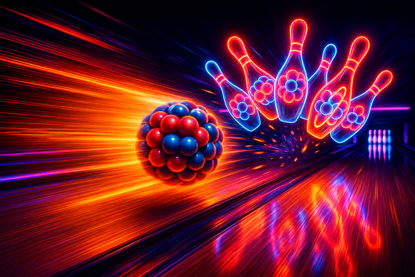 Artistic conception of a fast-moving lead nucleus colliding with fixed target neon-20 gas.
