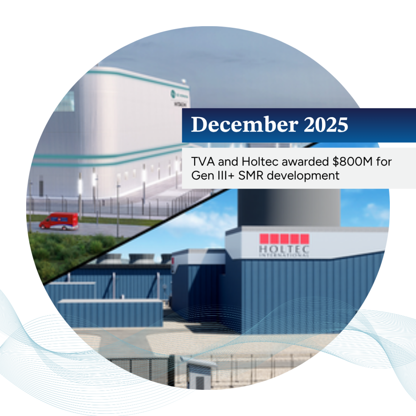 Graphic with "December 2025" over a composite image of TVA and Holtec's proposed SMR reactors.