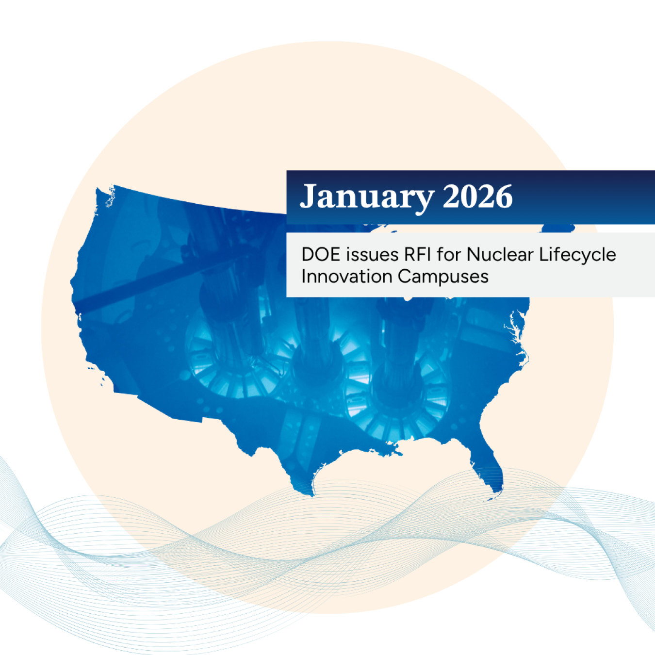Outline of the U.S. superimposed over a nuclear reactor core with the caption "January 2026: DOE issues RFI for Nuclear Lifecycle Innovation Campuses"