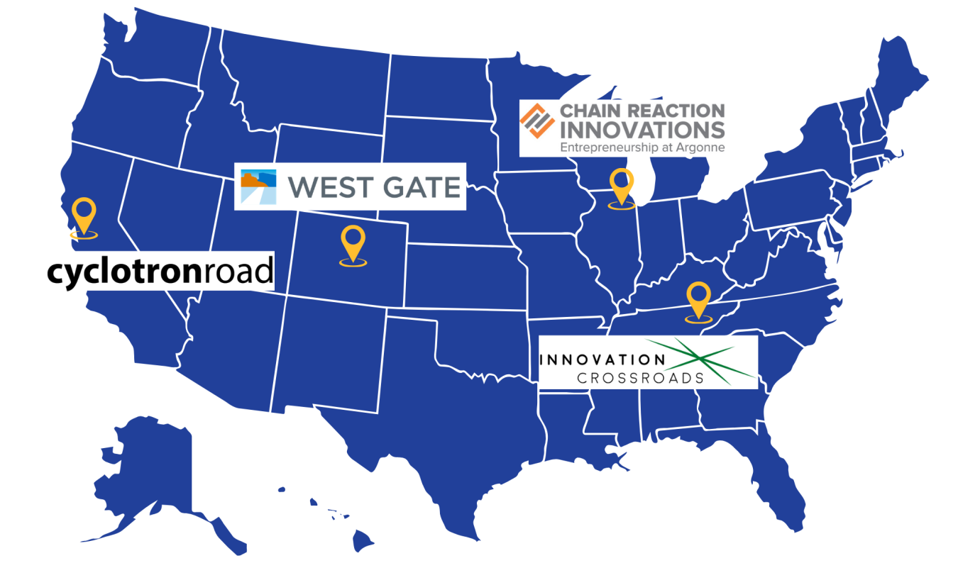 A map of the United States with pinpoints at the locations of the four LEEP nodes. 