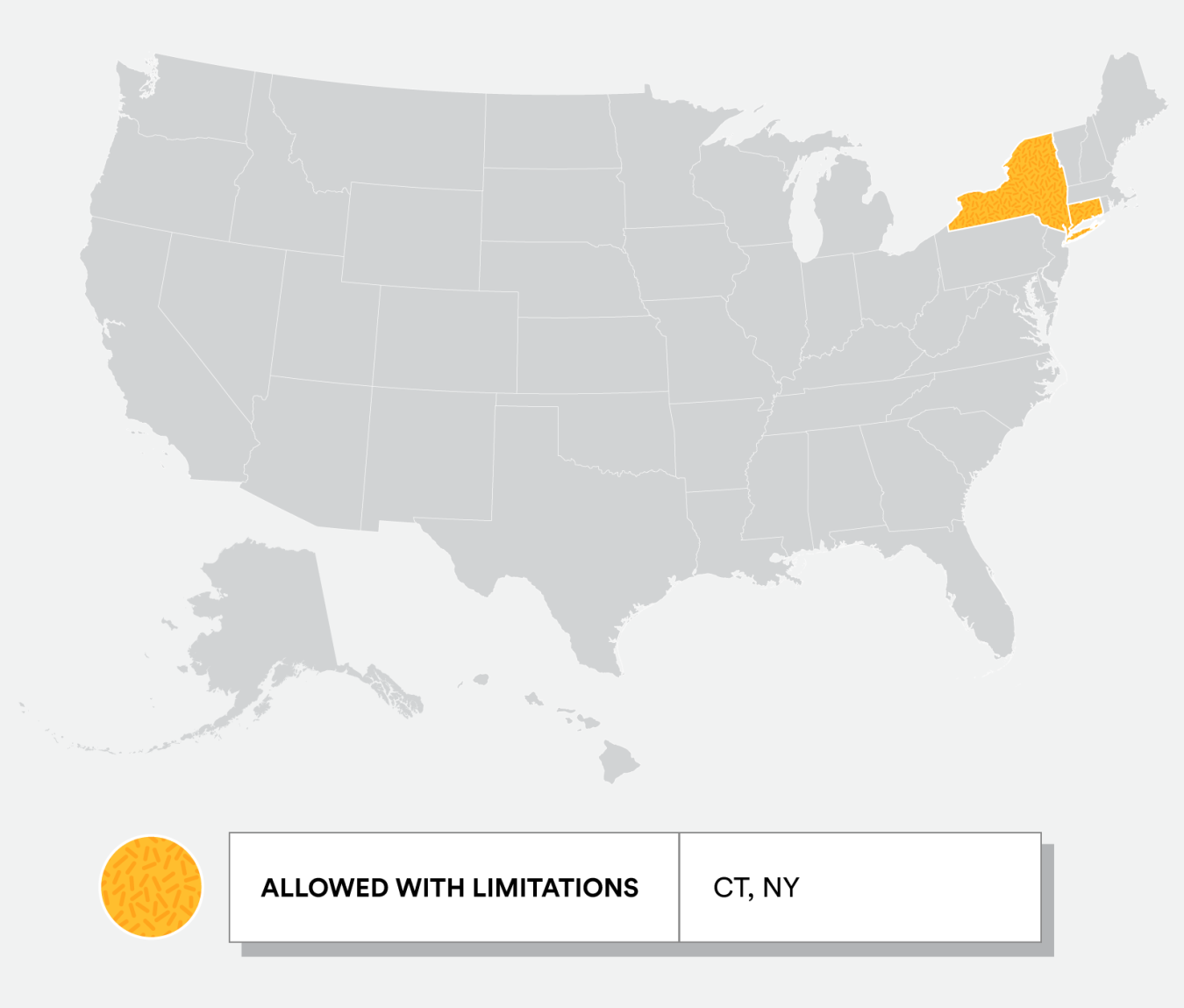 Map of the United States reading "Allowed with Limitations" with the following states highlighted in yellow: CT, NY