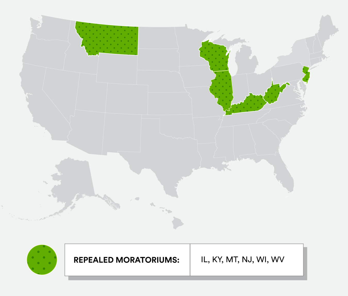 Map of the United States reading "Repealed Moratoriums" with the following states highlighted in green: IL, KY, MT, NJ, WI, WV